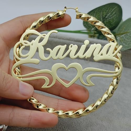 SingSun Custom Name Hoop Earrings 30/50/70/90mm - 90s Gold Heart Design for Women, Personalized Engraved Gifts with Box (18K Plated)4