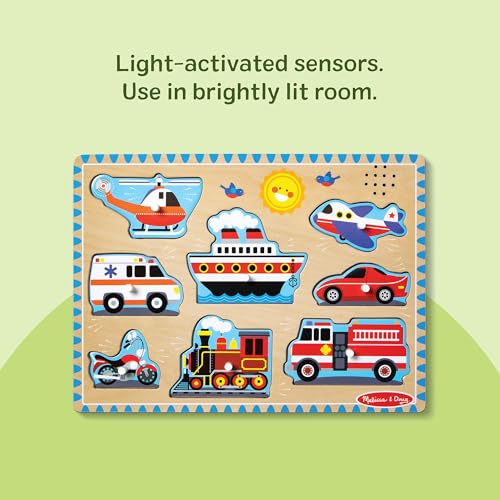 Image of Melissa & Doug Vehicles Sound Puzzle - Wooden Peg Puzzle with Light-Activated Sound Effects (8 pcs) Puzzles for Toddlers, Wooden Puzzles for Kids Ages 2+ (Pack of 12)