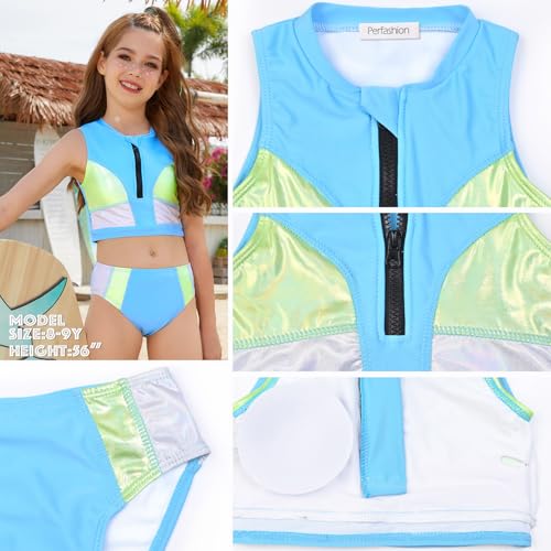 Image of Perfashion Girls Swimsuit Two Piece Color Block Tankini Zipper Bathing Suits High Waisted Sporty Teens