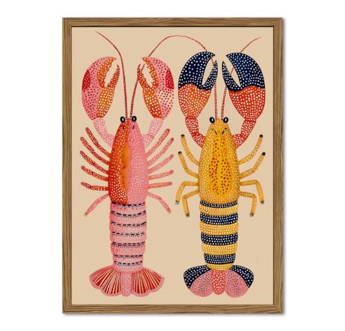 Coastal Lobster Wall Art Colorful Boho Kitchen Wall Decor Picture Seafood Animal Poster Canvas Painting Print for Living Dining Room 24x16 inch Wood Framed