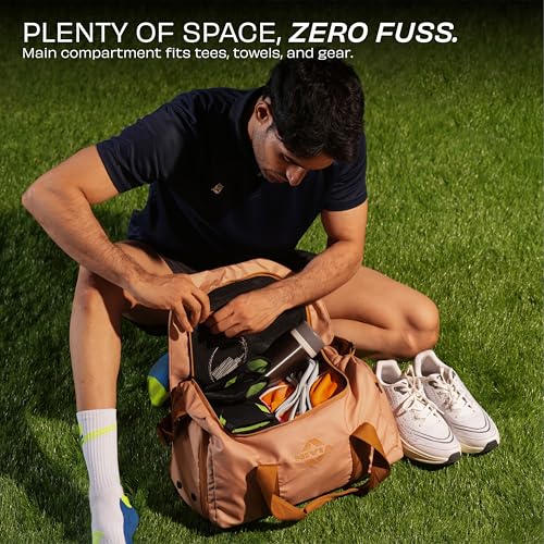 Image of Nivia Blend Gym Duffle Bag for Men & Women with Dedicated Shoe Pocket with Dual Vents, Main Spacious Compartment, Flap Opening & Mesh Zipper Pocket, Signature Tape Strap, Capacity-20 litres (Beige)