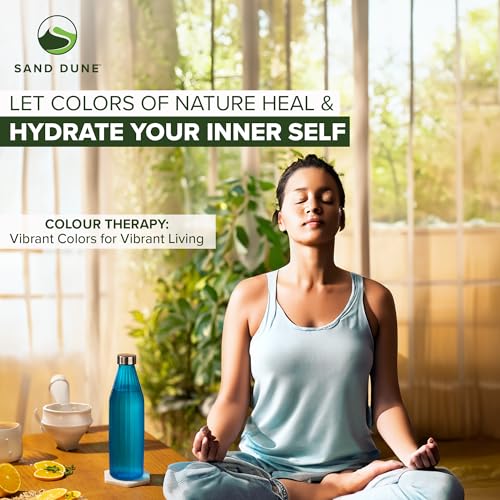 Image of SAND DUNE BlueColour Glass water bottle, 800 ml Each, Set of 1, with Leak-Proof Airtight Stainless-Steel Lid for Water, Smoothie, Juices - Reusable Travel Glass Drinking Fridge Bottles