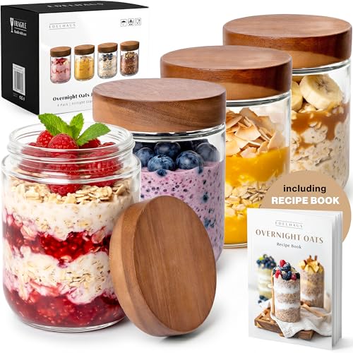 Image of Overnight Oats Containers with Lids - Glass Mason Jars, Meal Prep | Acacia Wood, Airtight Silicone Seal Set of 4 - Stackable for Chia Pudding, Yogurt, Cereal, Oatmeal, Salad, Pantry Storage