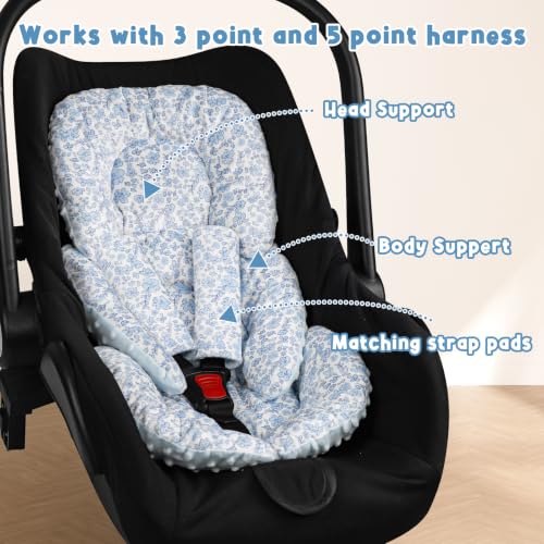 Image of Infant Car Seat Insert Head and Body Support, GFU Reversible Newborn Insert for Carseat with Strap Pads, Soft Stroller Cushion Pillow Insert for Boys and Girls, Fits for Stroller, Swing, Blue Flower