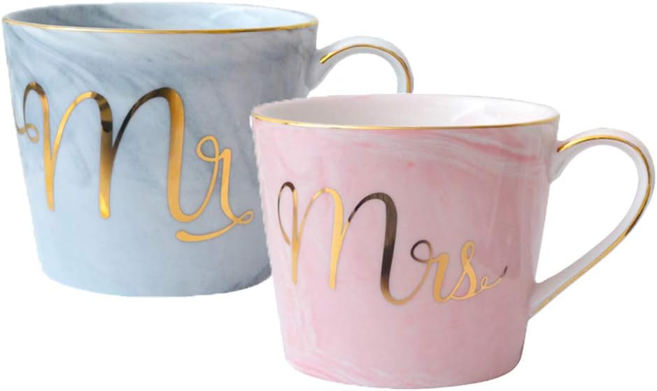 Jiken Handmade Romantic Couple Gift 11.2oz Mr & Mrs Mugs Set of 2 Marble Tea Coffee Cup Mug Wedding Present