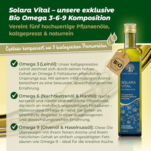 Aura vom Land Solara Vital 2x250ml Set – Exklusive Bio Omega 3-6-9 Öl-Mischung Kaltgepresst –Ausgewogenes Omega 3-6-9 Fettsäureprofil hochdosiert – Premium Speiseöl Vegan - Hergestellt in Bayern