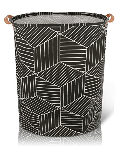 AXUAN 79L Laundry Hamper, Collapsible Laundry Basket Dorm, Baby Laundry Basket, Large Laundry Hamper Waterproof with Leather Handle for Dirty Clothes, Kids Toys, Bedroom, Bathroom(Black Geometry)