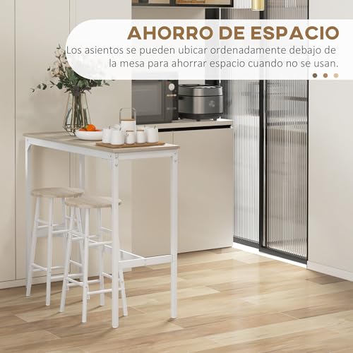 HOMCOM Conjunto de Mesa Alta de Bar Con 2 Taburetes para Cocina y Comedor - Marco de Acero Estilo Industrial - Natural y Blanco - imagen 4
