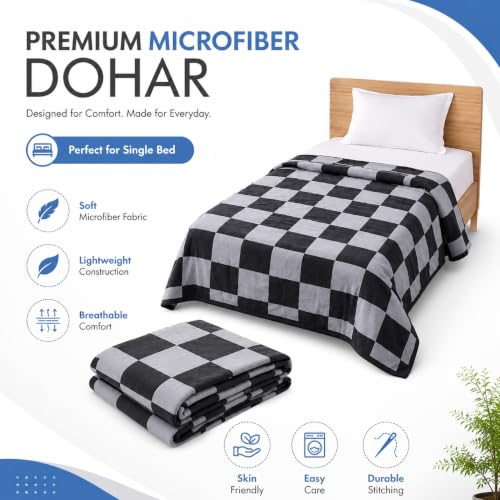 Image of Single Bed Dohar Modern Grey Check | Lightweight Summer Quilt | Soft Microfiber AC Blanket | Breathable All Season Comforter | Skin Friendly Bed Cover