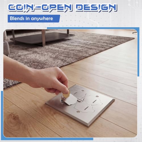 Image of Recessed Floor Outlet Box, UL Listed Nickel Plated Brass Low Profile Hidden Weather Flip-up Floor Outlet, 2-Gang 20A Tamper Resistant Receptacles for Living Room, Home Office, Conference Room