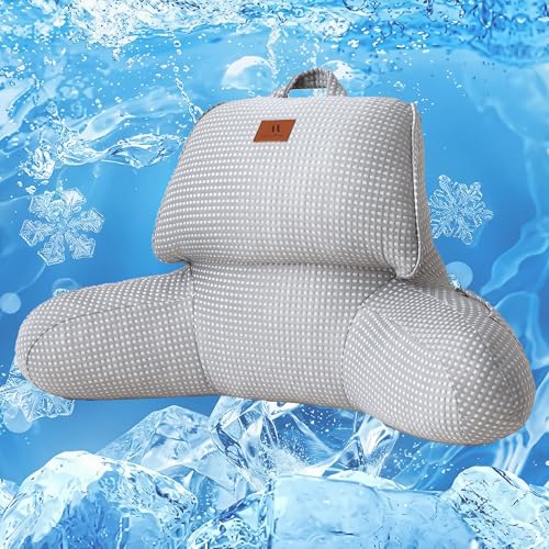 Amélie Home Premium Cooling Waffle Reading Pillow, Qmax0.37 Ergonomic Backrest Support with Pocket & Handle, Breathable Lounging Pillow for Bed Sofa Floor Summer, 17 Inches, Grey
