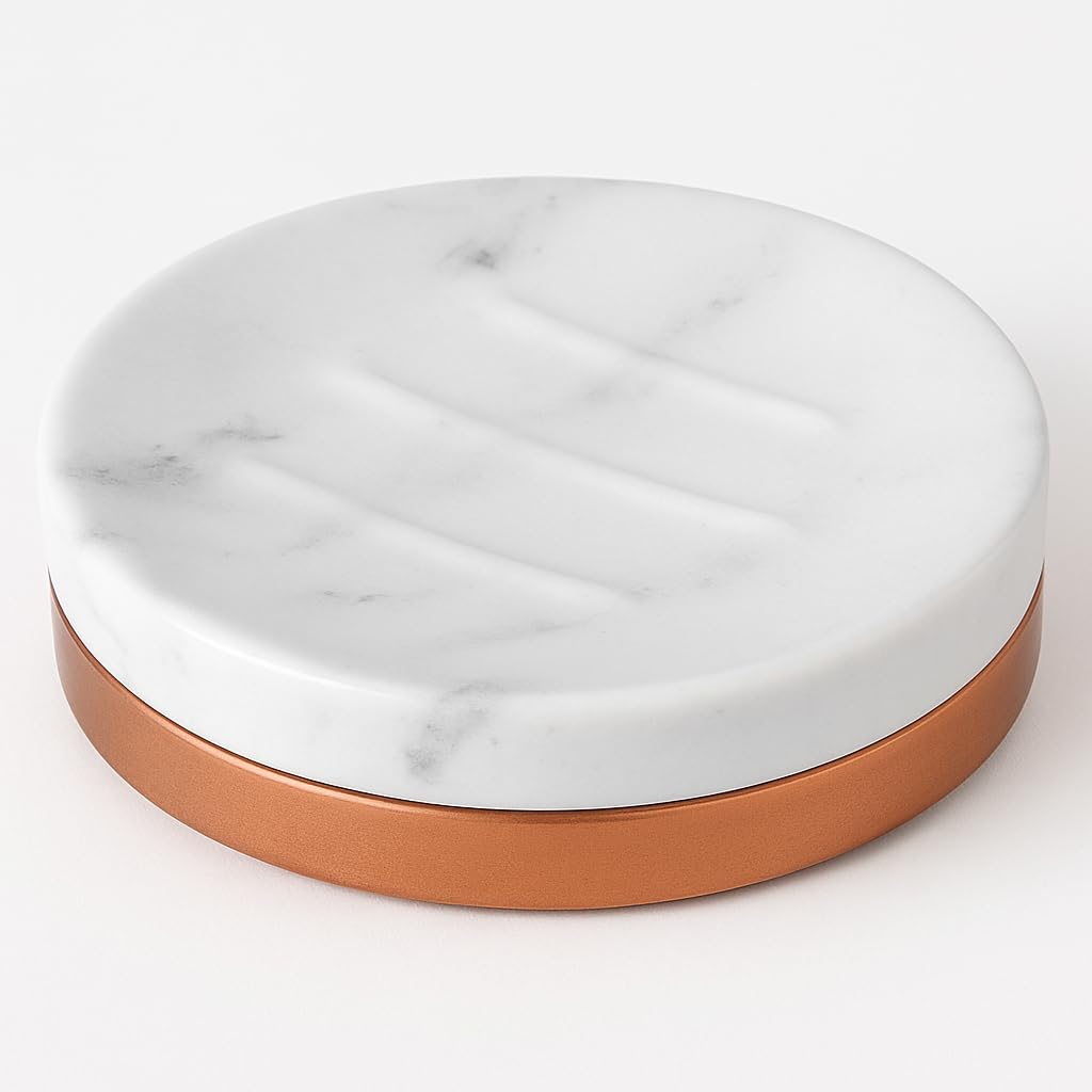 WPM Juego de Accesorios de baño 4 Piezas. Juego de baño de mármol con Borde de Oro Rosa con dispensador de jabón líquido, Soporte para Cepillo de Dientes, Vaso y jabonera.