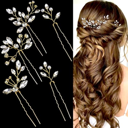 5 Pieces Bride Hair Pins Rhinestone Bridal Hair Piece for Women Crystal Hair Accessories for Bride Bridesmaids Flower Girls(Gold)