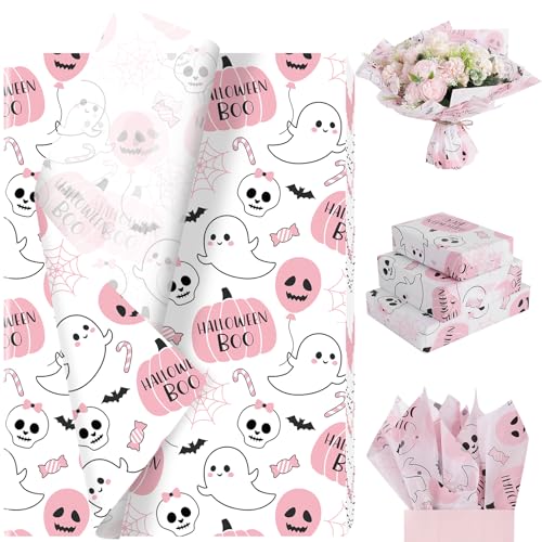 100 Sheets Pink Ghost Boo Tissue Paper Cute Girly Ghost Pumpkin Skull Candy Pattern Wrapping Tissue for Halloween DIY Crafts Trick & Treat Party Supplies 13.8 x 19.7 Inch