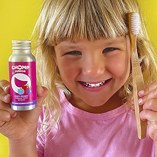 Image of Chomp Junior Very Berry Toothpaste Tablets - 5% Nano Hydroxyapatite Kids Toothpaste, Fluoride Free, Supports Strong Teeth & Enamel Health, Aluminum Bottle, 60 Count