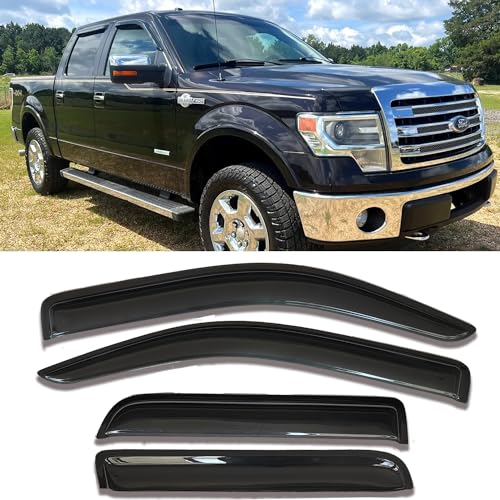Tape on Window Visors rain Guards Vent Deflectors Rain Guards Compatible with 2009-2014 Ford F-150 SuperCrew (Crew) Cab, Side Window Deflector Vent Rain Guard Sun Shade Truck Accessories 4PCS 94155