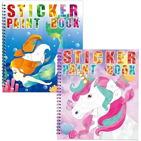 90shine 2PCS Sticker Books for Girls Kids Ages 4-8 Sea-Maid Horned Horse Themed Designs Party Gift Create 22 Pictures Cover