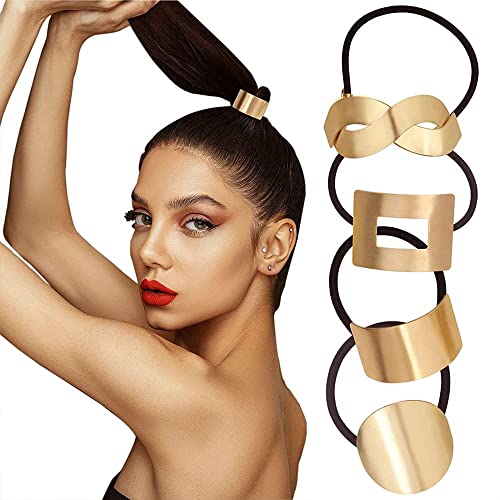4 PCS Metal Circle Ponytail Hair Cuff Elastic Hair Ties for Women Girls Gold Hair Accessories Ponytail Holder Hair Rope for Ladies