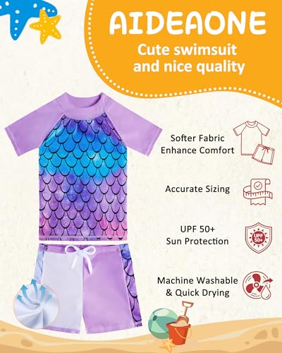 Image of AIDEAONE Girls Rash Guard Swimsuit Short Sleeve Two Piece Bathing Suit Size 3-12T