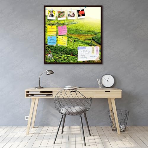 Image of ArtzFolio Tea Plantations, Munnar, Kerala | Bulletin Board Notice Pin Board | Vision Soft Board Combo with Thumb Push Pins & Sticky Notes | Dark Brown Frame | 20 x 20 inch (51 x 51 cms)