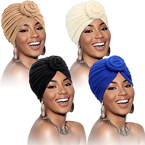 SATINIOR 4 Pieces Head Wraps for Black Women African Turbans Pre Tied Turban Chemo Headwear Cancer Head Wrap Hair Loss Cap(White, Black, Blue, Camel)
