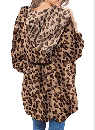 Dokotoo Womens Ladies Leopard Print Open Front Long Sleeve Fluffy Fleece Oversized Coats Jackets With Hoodies Pockets Cardigans Sweater Outerwear No Zipper 2XL
