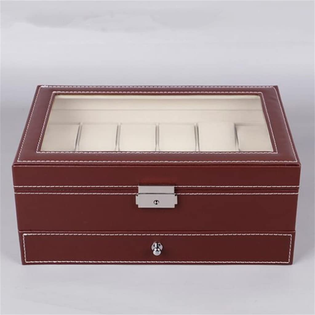 12 rejillas de cuero PU caja de reloj organizador de doble capa reloj joyería almacenamiento y caja de presentación con cerradura palabra (color rojo, tamaño: 30,2 x 20 x 13 cm)