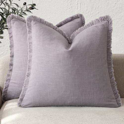 Image of Foindtower Set of 2 Decorative Linen Fringe Throw Pillow Covers Cozy Boho Farmhouse Cushion Cover with Tassels Soft Accent Pillowcase for Couch Sofa Bed Living Room Home Decor,18x18 Inch,Light Purple