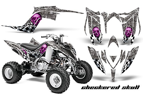 AMR Racing ATV Graphics kit Sticker Decal Compatible with Yamaha Raptor 700 2013-2021 - Checkered Skulls Purple Silver