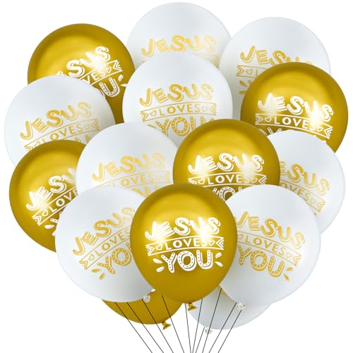 Image of Gejoy 60 Pcs Jesus Loves You Balloon 12 Inch Latex Christian Religious Jesus Balloon Party Decor for He Is Risen Party Decor Favor Cross Church Event Birthday Sunday Supplies(Gold White)