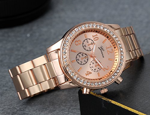 Luxury Bling Rhinestone Bezel Stainless Steel Band Watch For Men Fathers Day (Rose Gold) #TOP2