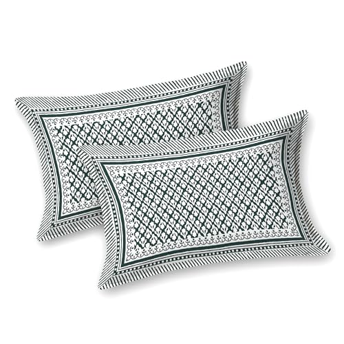 Image of BLOCKS OF INDIA Hand Block Printed 200 TC Cotton Super King Size Bedsheet (Dark Green GAD BUTI)