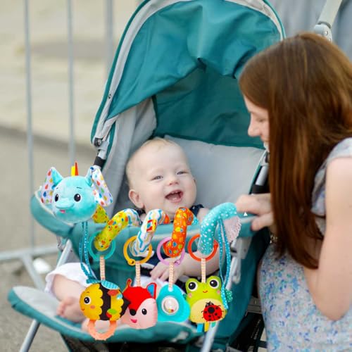 Image of Sensory Hanging Stroller Toys, Car Seat Toys for Babies Infants 0-6 Months | Activity Spiral Plush Hanging Toy Gift for Baby Boys and Girls 0 3 6 12 Months Newborn Toys with Rattles Squeaker Music -Blue