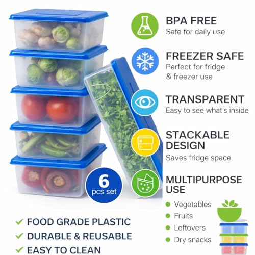 Image of Fridge Storage Containers Set of 6 (1500 ML Each) with LID, Stackable Fridge Storage Boxes for Fruits & Vegetables, BPA Free Kitchen Storage Containers for Fridge