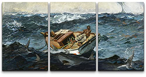 Wall26 Canvas Print Wall Art Set The Gulf Stream By Winslow Homer Cultural Historic Oil Painting Fine Art Reproduction Scenic Colorful For Living Room, Bedroom, Office - 16"X24" X 3 Panels #TOP9