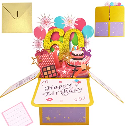 Tarjeta Cumpleaños 3d Pop Up Tarjetas Felicitacion Cumpleaños 60th Birthday Card para Hombres y Mujeres Familias Amantes Amigos y Niños (A 60)