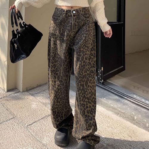 Leopard Print Jeans for Women Y2k Trendy Streetwear Cheetah High Waisted Wide Leg Denim Pant Various Style and Plus Size3