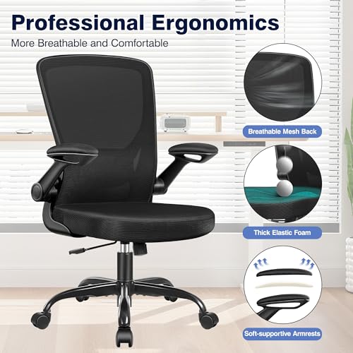 BESTFAIR Ergonomic Office Chair, Mesh Computer Chairs with Lumbar Support, Swivel Desk Chair with Flip-up Arms and Adjustable Height, Black