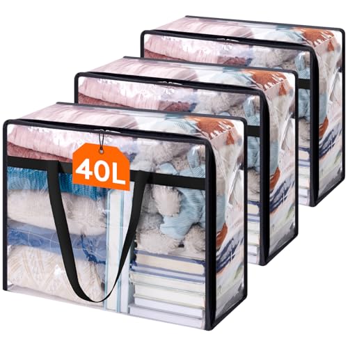 Lifewit 3 Stück Transparente Plastik Aufbewahrungstasche, 40L Kleiderschrank Organizer Aufbewahrungsbox mit Deckel Kleideraufbewahrung Umzugskartons mit Verstärkter Griff für Bettdecken, Kleidung