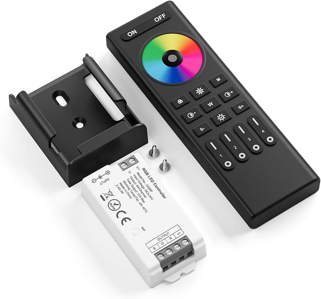 RGB LED Controller with RF Remote Control,C03RF Tuya 2.4GHz Wireless Controller and 4-Zone Remote Control Group for FCOB SMD PWM RGB (+ R G B) LED Strip Dimming Change Color