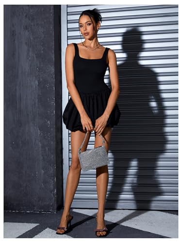 Image of MakeMeChic Women's Casual Bubble Dress Square Neck Sleeveless Ruffle Mini Dresses Black Medium