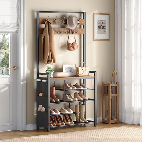 HOOBRO-Hall-Tree-with-Bench-Shoe-Rack-with-Coat-Rack-Coat-Rack-with-Shoe-Storage-5-Tier-Shoe-Storage-Organizer-with-Oxford-Fabric-Side-Pockets-Coat-and-Shoe-Rack-Entryway-Rustic-Brown-BF45MT01