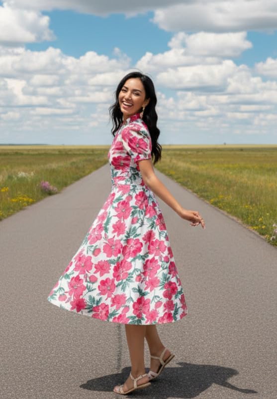 Womens Short Puff Sleeve V Neck Casual Semi-Formal Cocktail Party A-Line Dress - Image 4