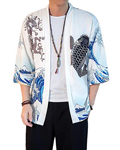 Image of PRIJOUHE Men's Lightweight Kimono Jacket Seven Sleeve Open Front Cardigan Coat Japanese Style Bathrobe