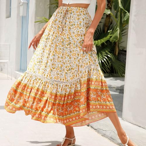 Womens Boho Floral Tie Up Waist Summer Beach Wrap Cover Up Maxi Skirt Full Length A-Line Stretchy Flared Casual Skirt2