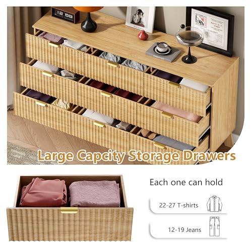 Image of Wodeer 9 Drawer Fluted Dresser for Bedroom, Mid Century Modern Wooden Dresser with 9 Drawers, Dressers & Chests of Drawers with Metal Handle, TV Stand & Storage Organizer for Entryway, Hallway, Oak