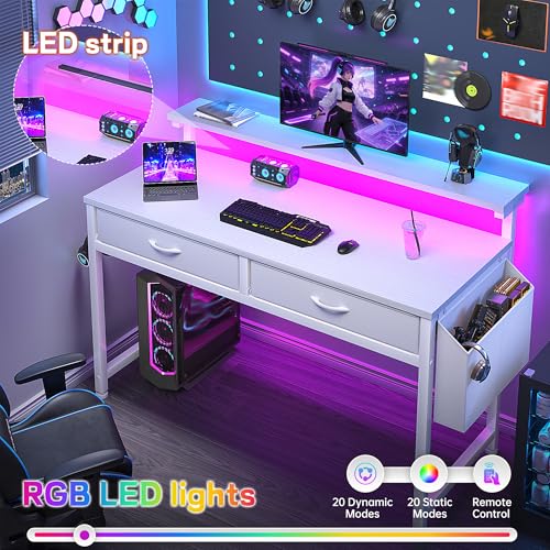 Image of DurayLoly Computer Desk with 2 Drawers & LED Lights,39.4 Inch Home Office Desks with Side Pocket and Monitor Stand,Study Writing Table for Small Spaces,White