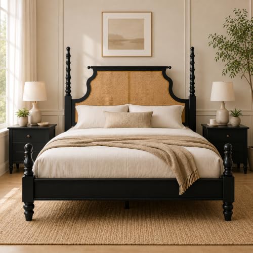 Image of Solid Wood Poster King Size Poster Honeymoon Bed Without Storage with Designer Piller and Cane Crafting for Couple Bedroom (King Size, Walnut Finish, 1 Piece)