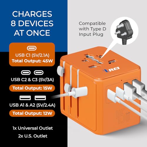 Image of Orei 45Watt Universal Charger Adapter | 3X USBC 2XUSB A - 6-in-1 International Travel Adapter | Universal Travel Adapter Compatible 150+ Countries | Type C, A, G, I Compatible, Cosmic Orange
