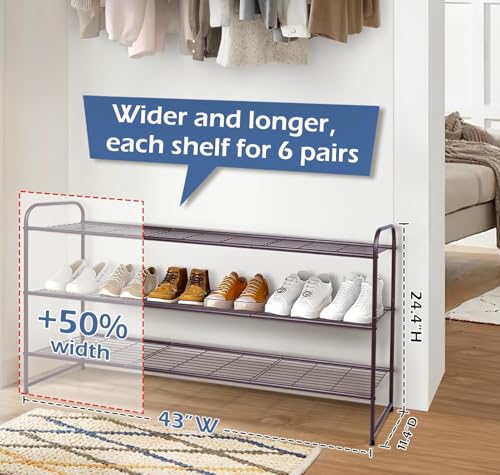 Image of KEETDY Long 3 Tier Shoe Rack for Closet Wide Shoe Storage Organizer Stackable Metal Shoe Shelf for 24 Pairs Men Sneakers with Wire Grid for Closet Floor, Bedroom, Entryway, Bronze